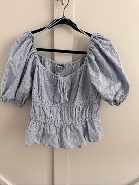 Arula Blue Eyelet Puff Sleeve Peplum Top Size B 100% Cotton